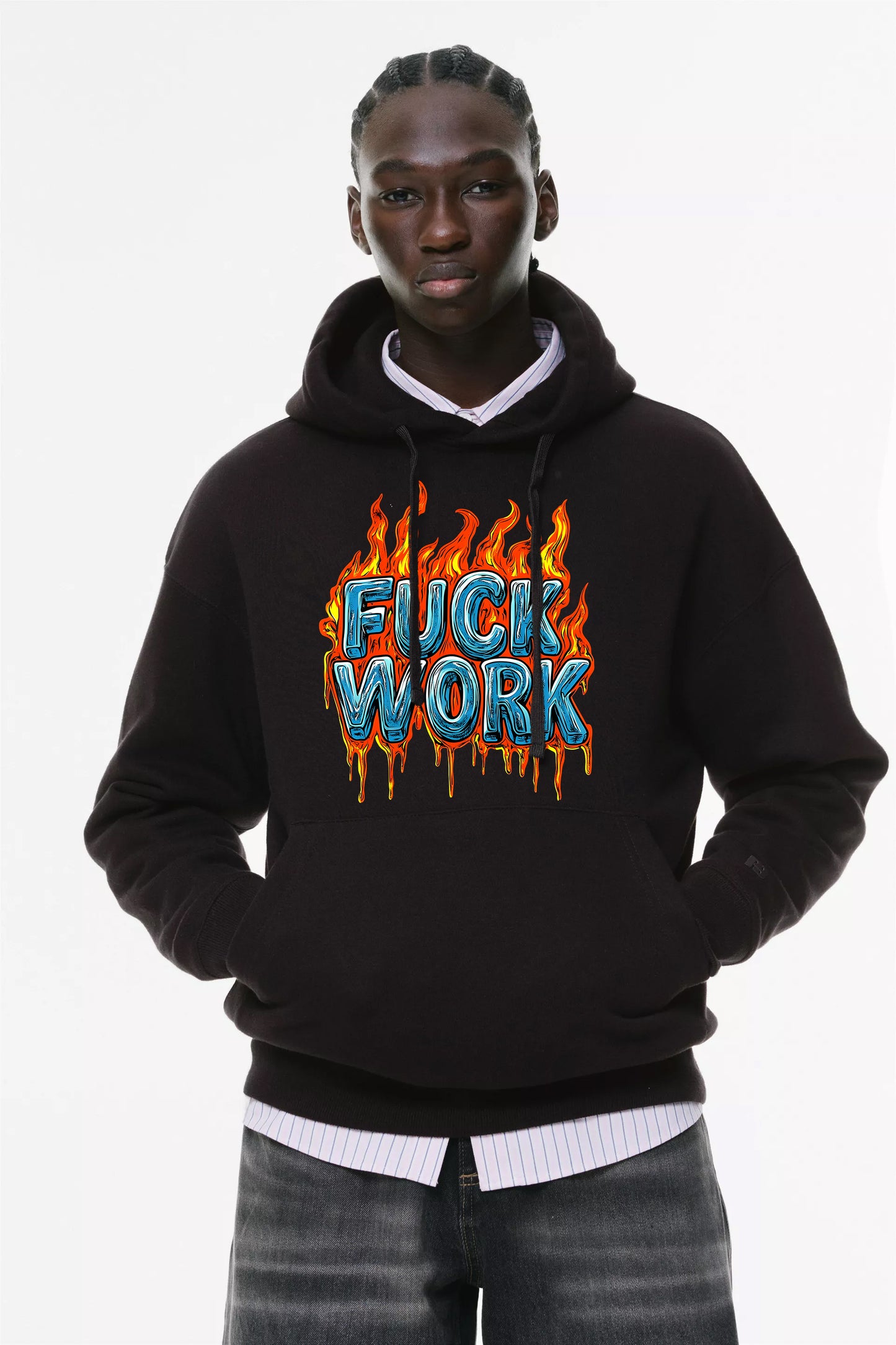 Φούτερ με κουκούλα και τσέπες Prenium ποιότητας της εταιρίας Lux in Tenebris με τύπωμα Fuck Work