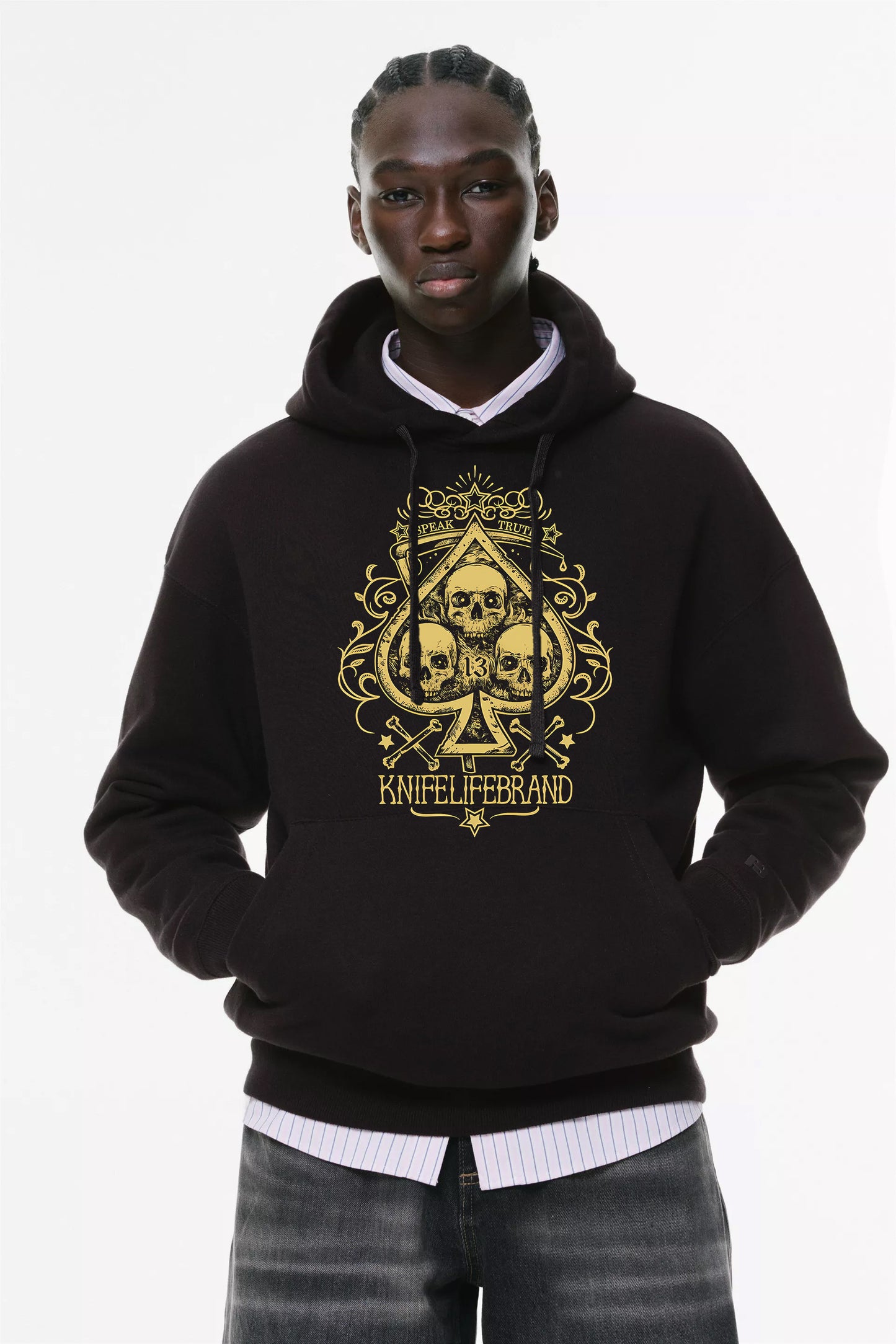 Φούτερ με κουκούλα και τσέπες Prenium ποιότητας της εταιρίας Lux in Tenebris με τύπωμα Ourban Skulls - Vintage spades