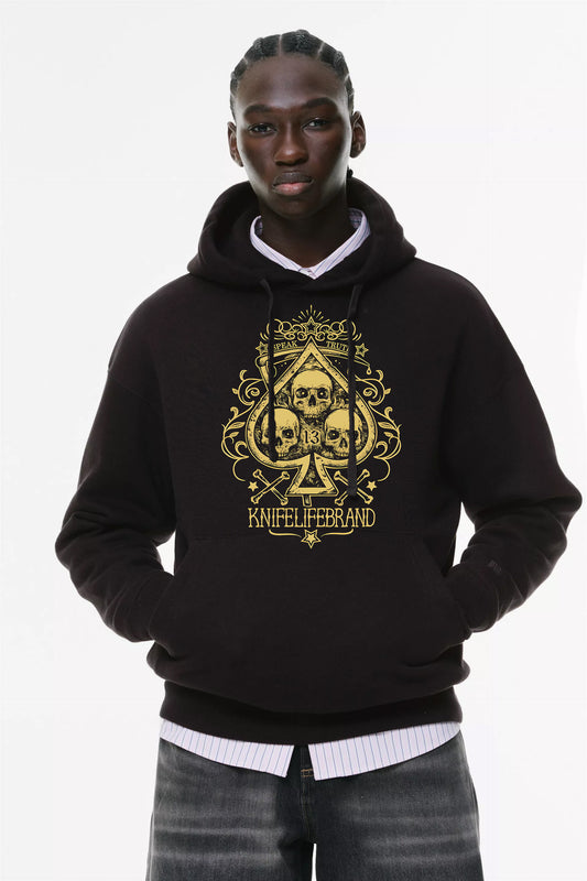 Φούτερ με κουκούλα και τσέπες Prenium ποιότητας της εταιρίας Lux in Tenebris με τύπωμα Ourban Skulls - Vintage spades