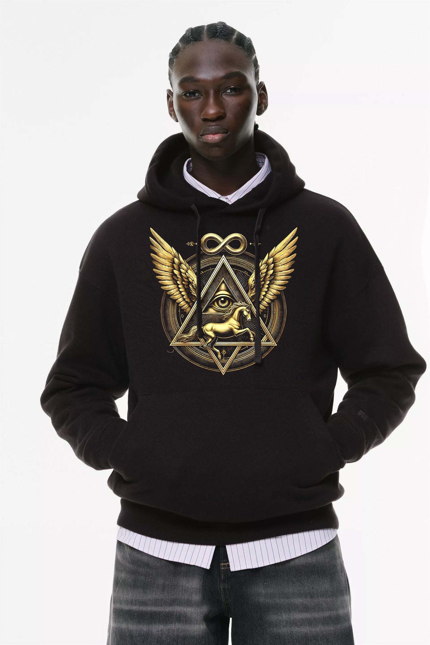 Φούτερ με κουκούλα και τσέπες Prenium ποιότητας της εταιρίας Lux in Tenebris με τύπωμα Pegasus - Infinity - Shield