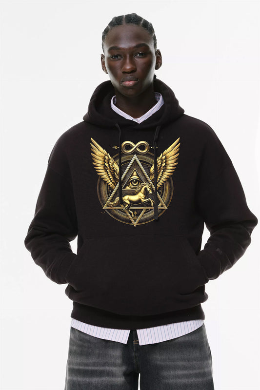 Φούτερ με κουκούλα και τσέπες Prenium ποιότητας της εταιρίας Lux in Tenebris με τύπωμα Pegasus - Infinity - Shield