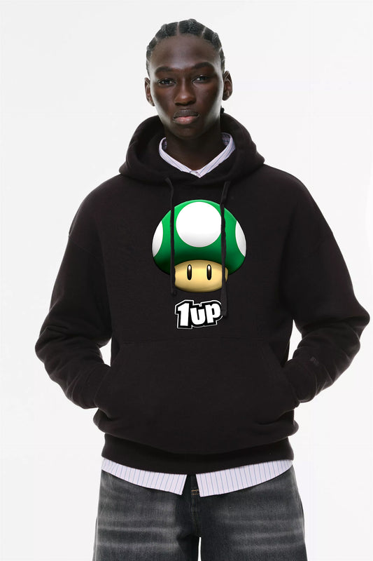 Φούτερ με κουκούλα και τσέπες Prenium ποιότητας της εταιρίας Lux in Tenebris με τύπωμα Supermario 1up