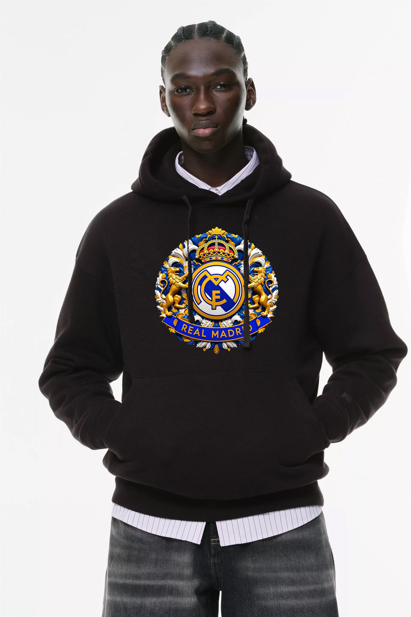 Φούτερ με κουκούλα και τσέπες Prenium ποιότητας της εταιρίας Lux in Tenebris με τύπωμα Real Madrit