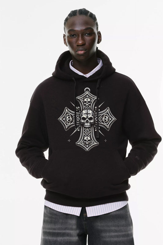 Φούτερ με κουκούλα και τσέπες Prenium Ποιότητας της LIT - Momento Mori Collection με τύπωμα Memento Mori Κρανίο Σταυρός