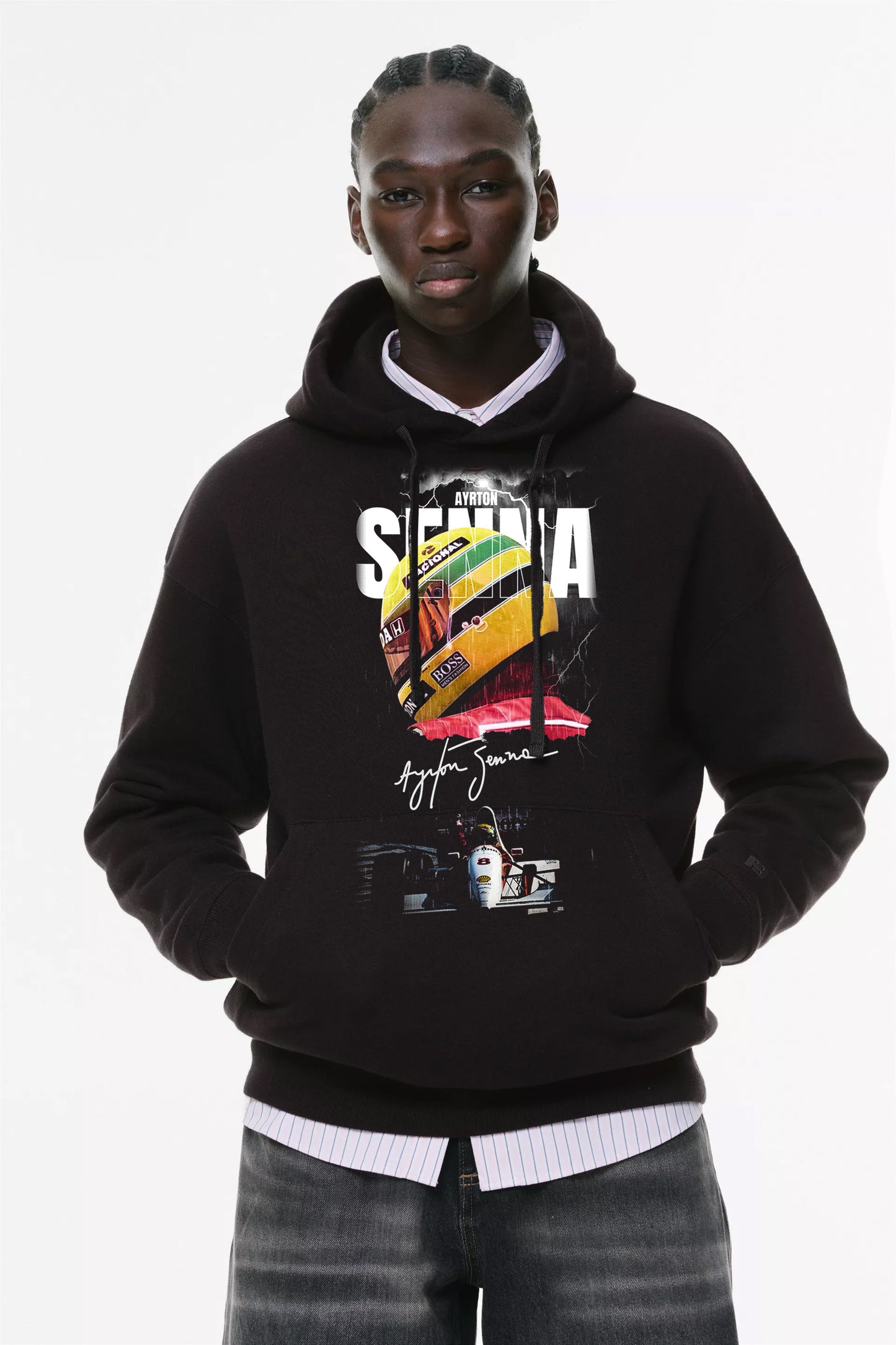 Φούτερ με κουκούλα και τσέπες Prenium ποιότητας της εταιρίας Lux in Tenebris με τύπωμα Ayrton Senna